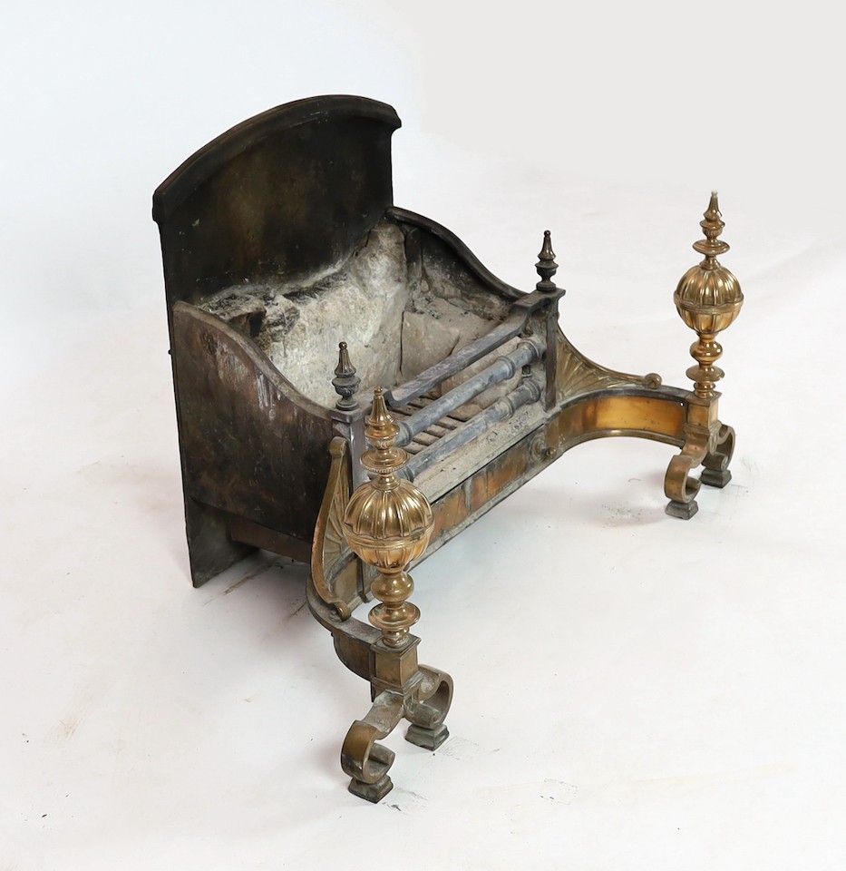 A George III brass cast and wrought iron fire grate, 102cm wide, 54cm deep, 66cm high